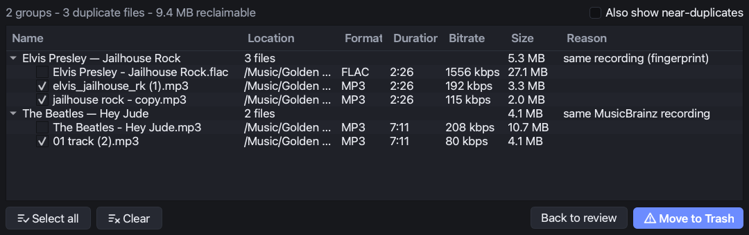 TrackTidy grouping duplicate copies of the same recording, with the best copy protected as the keeper